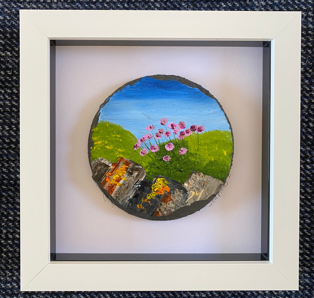 Framed mini slate oil painting ~ Sea pinks at Huisinis