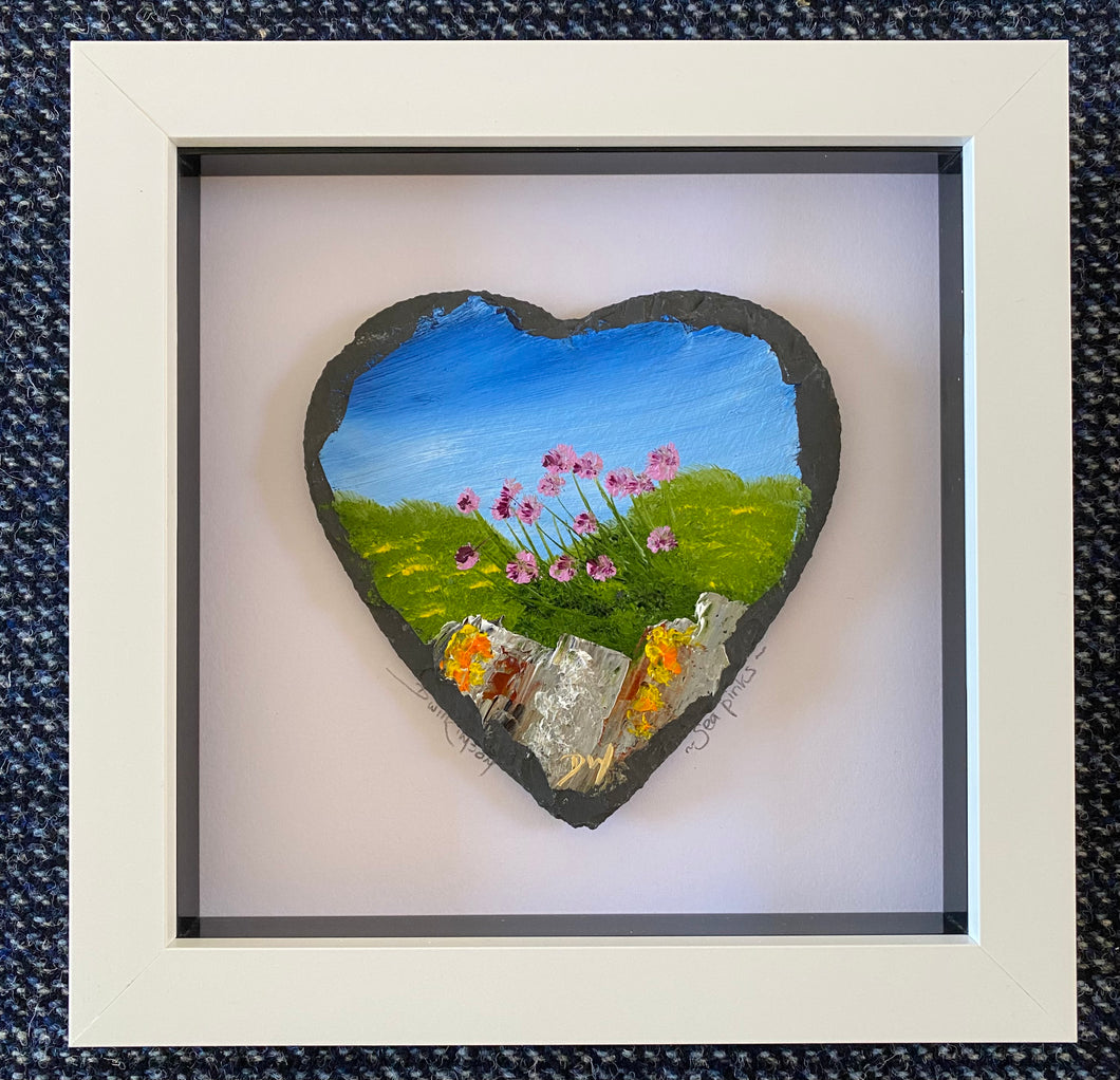 Framed mini slate oil painting ~ Sea pinks